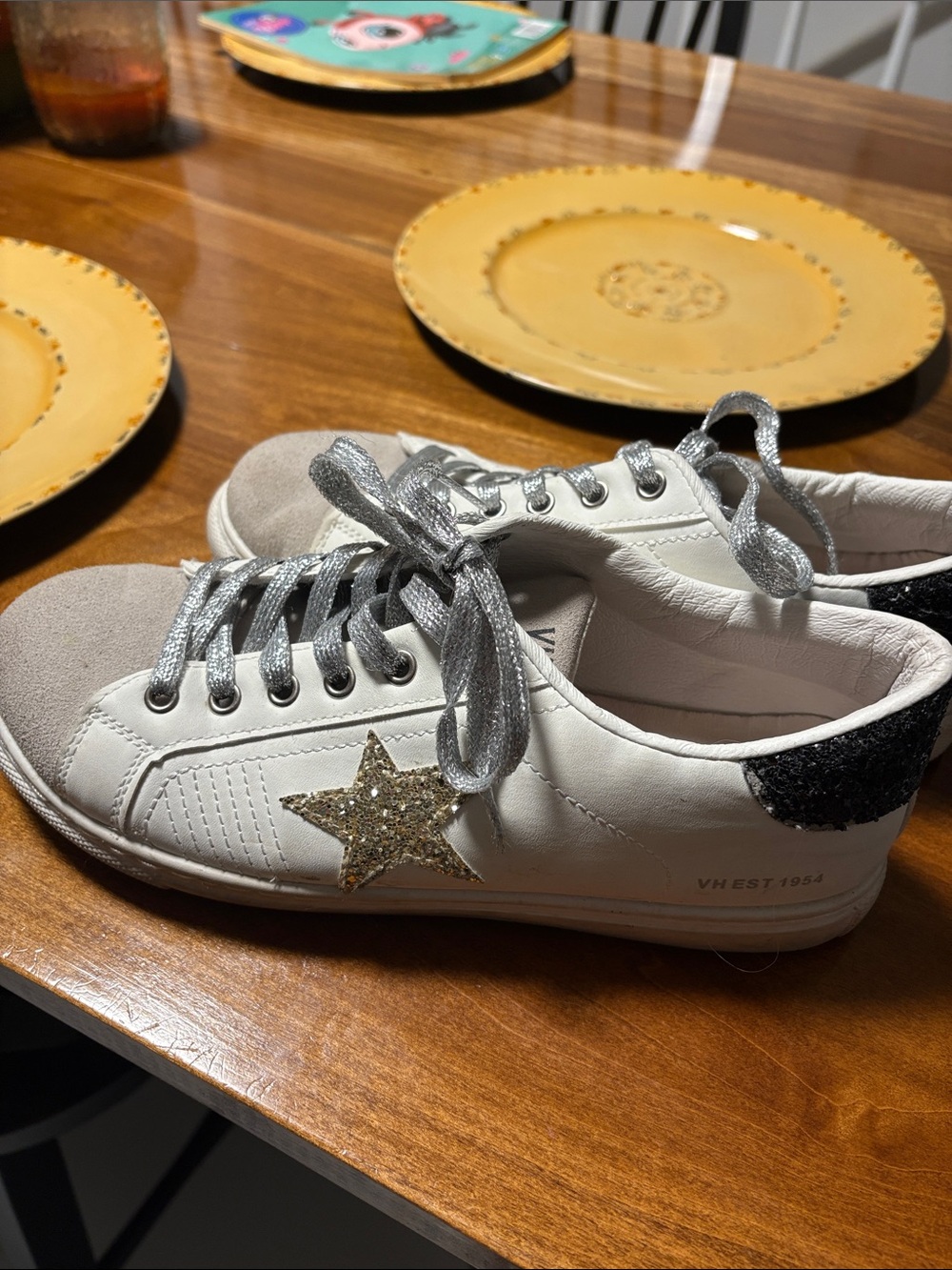 Vintage Havana White Sneakers with Gold Glitter Star and Silver Laces